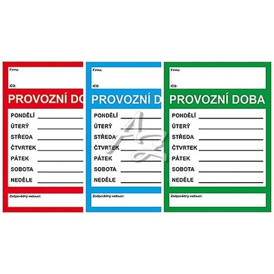 Plastová cedulka Provozní doba A4