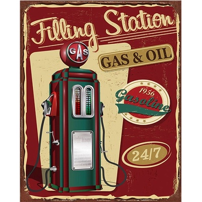 Červená nástěnná kovová cedule Station Gas &amp; Oil – 20x1x25 cm