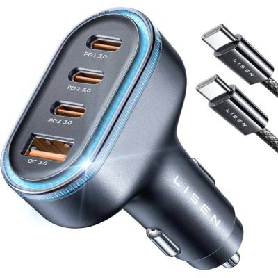 Lisen Зарядно за кола (YL0223120021) - Lisen - с Type-C кабел, USB, 3x Type-C, 101W, бързо зареждане, 12V/24V - Черно