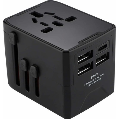 Techsuit Travel Adapter (HHT520) 15W - захранване с 1xUSB-C и 3xUSB-A изхода и преходници за цял свят в едно устройство за мобилни устройства (черен)