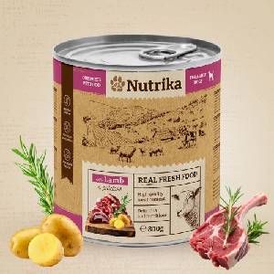 Nutrika Dog food with Lamb & Potatoes 800gr - пълноценна храна за израснали кучета от всички породи с агнешко и картофи 800гр