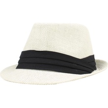 Tomtop JMS slaměný klobouk kontrastní stuha Fedora Curly Brim Panama Jazz