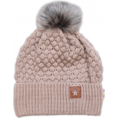 Baby Nellys zimní čepice Star s chlupáčkovou bambulkou béžová