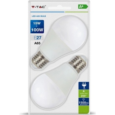 V-TAC, E27, 15W, 1500lm, A65, mliečna 2ks blister teplá 2700K