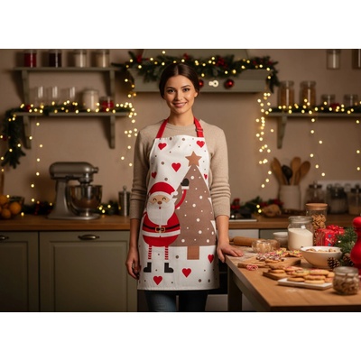 BBK Vánoční kuchyňská zástěra HAPPY XMAS bílá 60x75 cm 100% bavlna