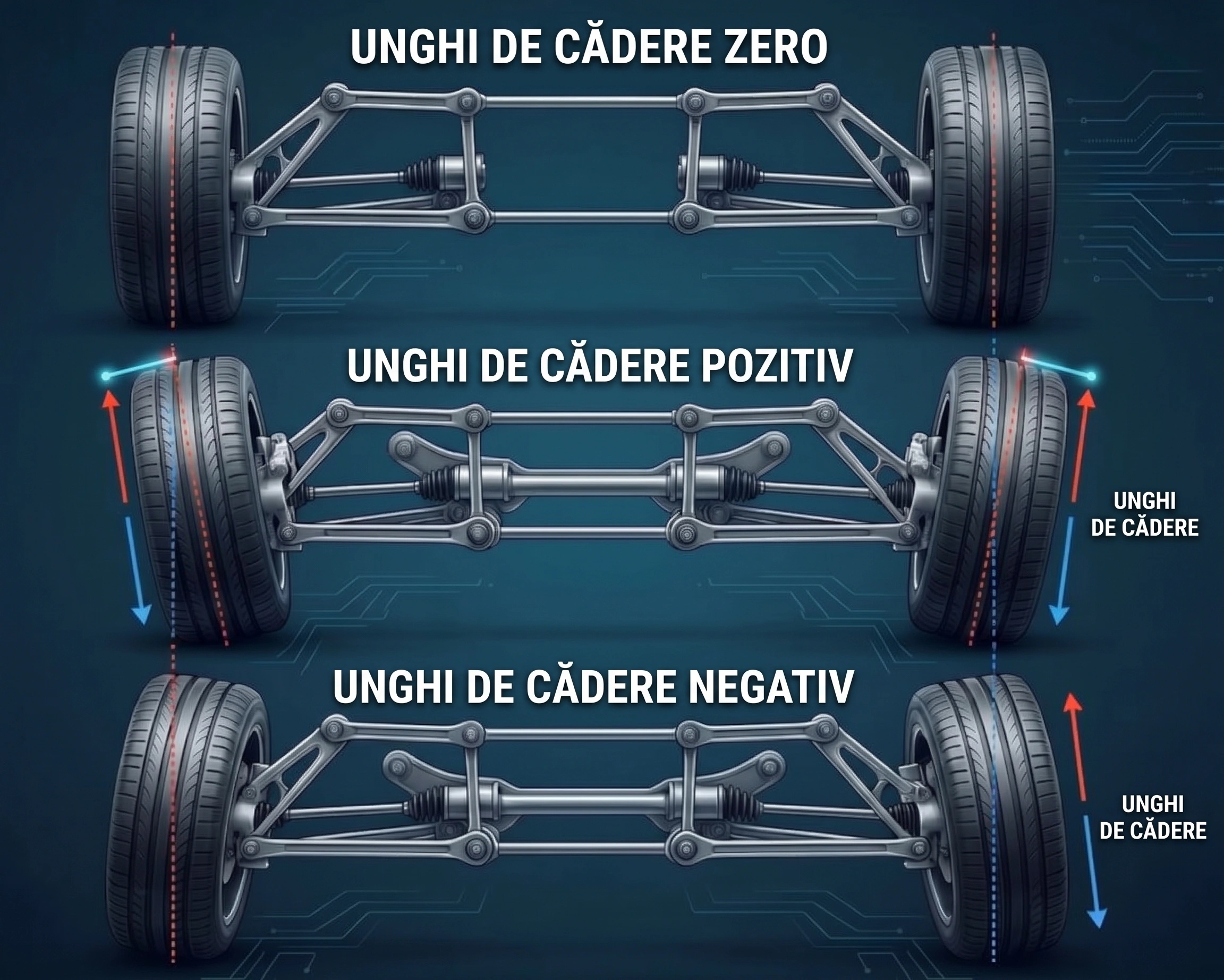 Imagine care ilustrează unghiul de cădere zero, pozitiv și negativ al roților