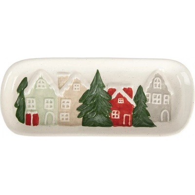 Clayre & Eef Bílá keramická dekorační miska/talíř s domečky - 30 x 12 x 3 cm