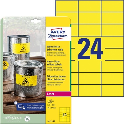 Avery-Zweckform L6131-20 70 x 37 mm prehľad produktov fólie žltá 480 ks trvalé Fóliové etikety laser, kópie