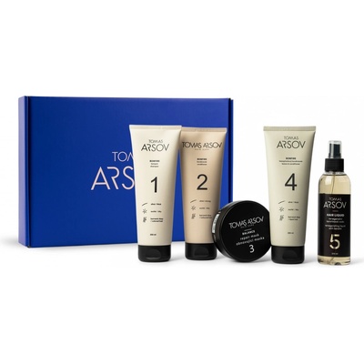 Tomas Arsov Péče o barvené vlasy BONFIRE Šampon 250 ml + Oplachový kondicionér 250 ml + Bezoplachový kondicionér 250 ml + BALANCE obnovující maska 100ml +HAIR LIQUID Kerat. voda 200 ml dárková sada