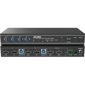 EVOCONNECT KVM Суич 2x1, Двоен монитор HDMI+DisplayPort=4K@60, 18Gbps, HDCP2.3, HDR/HDR10/HDR10+/Dolby Vision, RS232 и дистанционно (2port_Dual_HDMI_DP_Monitor_KVMswitch4K60)