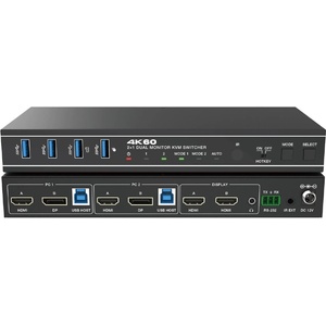 EVOCONNECT KVM Суич 2x1, Двоен монитор HDMI+DisplayPort=4K@60, 18Gbps, HDCP2.3, HDR/HDR10/HDR10+/Dolby Vision, RS232 и дистанционно (2port_Dual_HDMI_DP_Monitor_KVMswitch4K60)