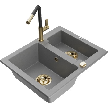 Mexen Carlos гранитна мивка 1, 5-камерна с кухненски смесител Flora, сив - 6518-71-670401-57-G (6518-71-670401-57-G)