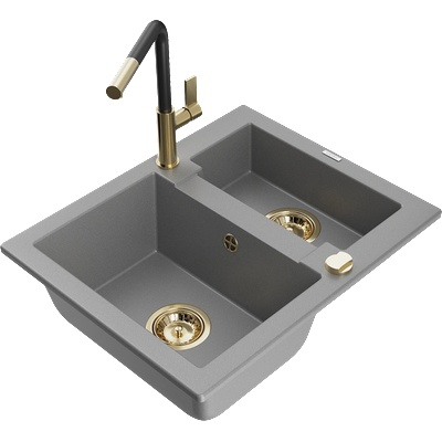 Mexen Carlos гранитна мивка 1, 5-камерна с кухненски смесител Flora, сив - 6518-71-670401-57-G (6518-71-670401-57-G)