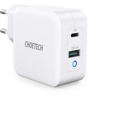 Choetech GaN Wall Charger 65W - захранване за ел. мрежа за лаптопи, смартфони и таблети с USB-A и USB-C изходи и с технология за бързо зареждане (бял)