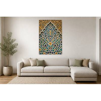 Obraz na plátně – Modrozlatý ornament s geometrickou mozaikou 90 × 135 cm