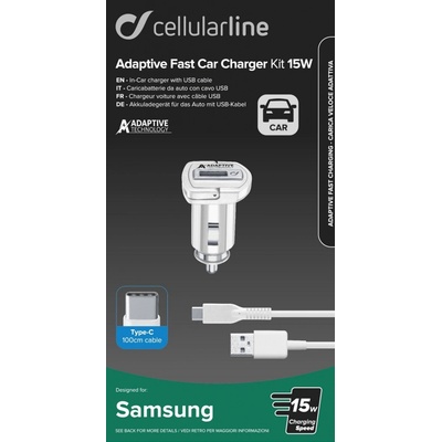 Set Cellularline autonabíječky a USB-C kabelu, adaptivní nabíjení, 15W, bílá