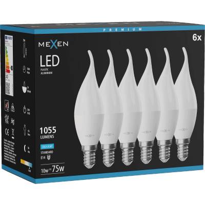 Mexen Nova 6x LED крушка пламък E14, C37, 10W, Студена - 6500K, 1055 lm - L106-E14-1065-01x06 (L106-E14-1065-01x06)