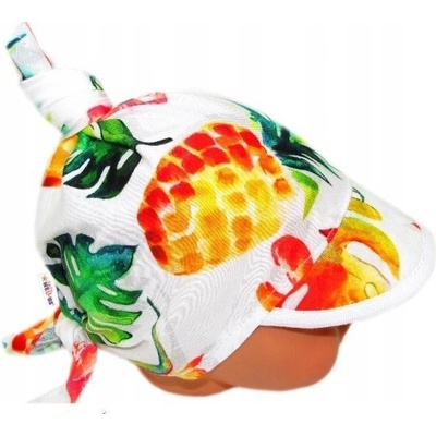 Baby Nellys Dětský bavlněný šátek s kšiltem na zavazování Ananas listy bílý