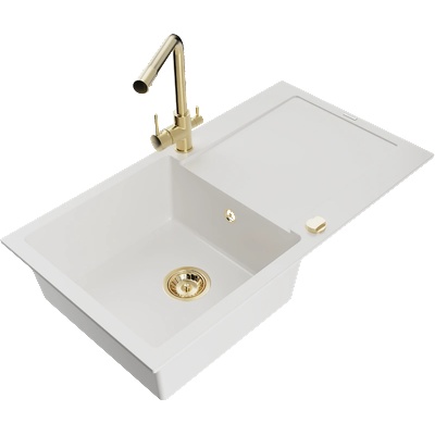 Mexen Leo еднокоморна мивка от гранит с отцедник и кухненски смесител Duero, бял - 6501-20-671600-50 (6501-20-671600-50)