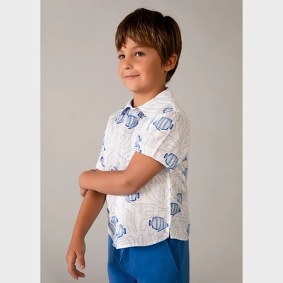 MAYORAL Бяла риза къс ръкав принт сини риби за мини момче Mayoral
