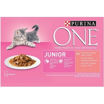 PURINA ONE JUNIOR mini filetky s lososom a mrkvou v šťave 4 x 85 g