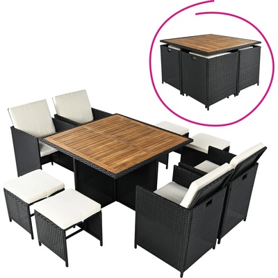 KONDELA MELFORD Záhradný ratanový set, akáciové drevo, čierna / krémová / prírodná,