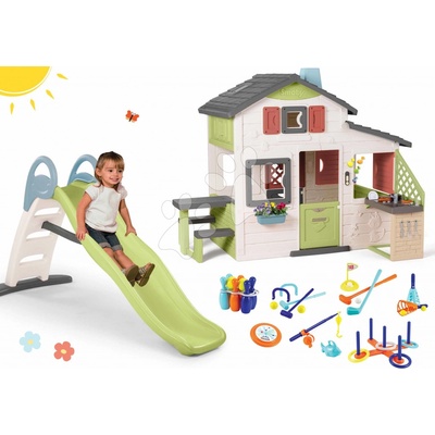 Smoby Set domček Priateľov a šmykľavka s dvojitou vlnou Friends House Life s vodotryskom a kuchynka s elektronickým zvončekom a športový set