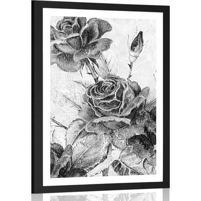 Plakát s paspartou vintage kytice růží v černobílém provedení - 60x90 white