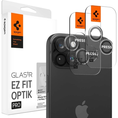 Spigen Glass tR EZ Fit Optik Pro Lens Protector 2 Pack - 2 комплекта предпазни стъклени лещи за камерата на iPhone 15, iPhone 15 Plus, iPhone 14, iPhone 14 Plus (прозрачен)