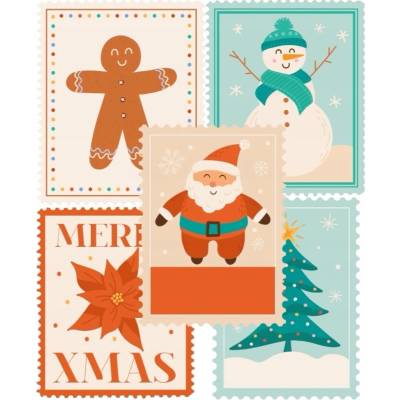 ZNACZKI POCZTOWE ŚWIĄTECZNE NA LISTY A POZDRAVY 5 kusov Santa Claus Snehuliak VIANOCE