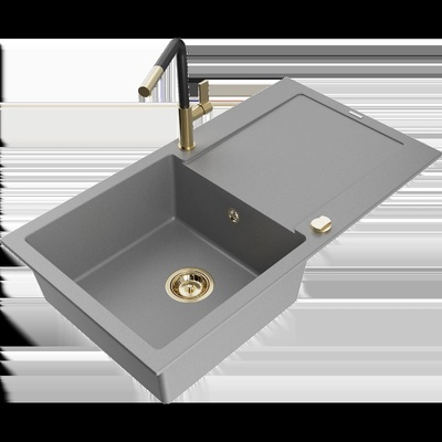 Leo гранитна мивка с една камера с отцедник и кухненски смесител Flora, сив - 6501-71-670401-57-G (6501-71-670401-57-G)