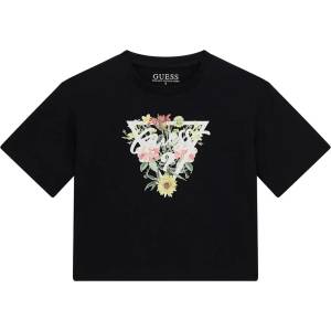GUESS Черна къса тениска за момиче с бяло лого Guess и свежи цветя