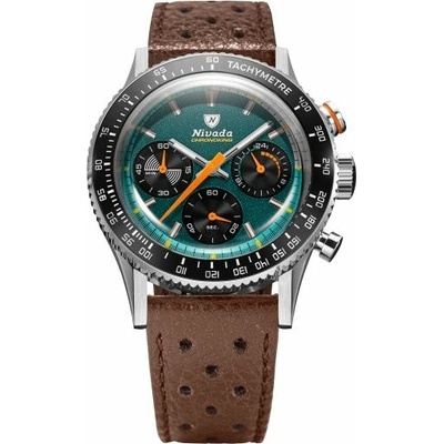 Nivada Grenchen Chronoking Meca Racing Green - Inter. Bezel - Brown Racing Strap