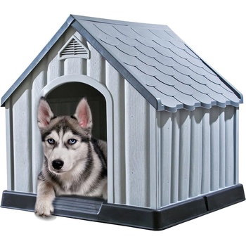 vidaXL Къща за кучета, сива, 92x87x91 см, пластмаса (337894)