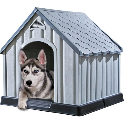 vidaXL Къща за кучета, сива, 92x87x91 см, пластмаса (337894)