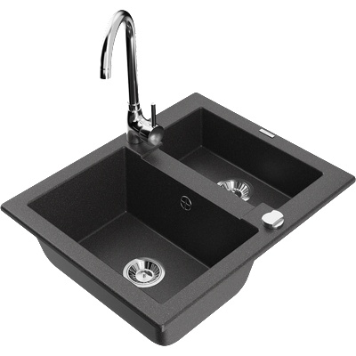 Mexen Carlos 1, 5-комплектна гранитна мивка с кухненски смесител Telma, черно на петна - 6518-76-670200-00 (6518-76-670200-00)