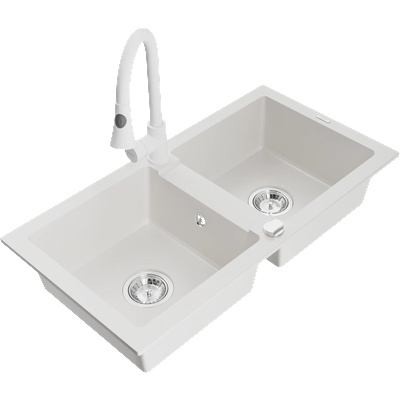 Mexen Mario гранитна мивка с 2 камери и кухненски смесител Elia, бял - 6504-20-670101-20 (6504-20-670101-20)