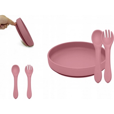 PETITE&MARS Set jedálenský silikónový TAKE&MATCH tanier príbor Dusty Rose 6m+ 2 ks