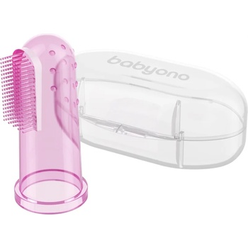 BabyOno Take Care First Toothbrush детска четка за зъби за върху пръст с калъфка Pink