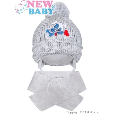 New Baby Zimná detská čiapočka so šálom psík sivá