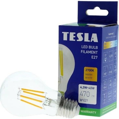 Tesla LED žárovka FILAMENT RETRO BULB, E27, 4,2W, 230V, 470lm, 25 000h, 2700K teplá bílá, 360st,čirá