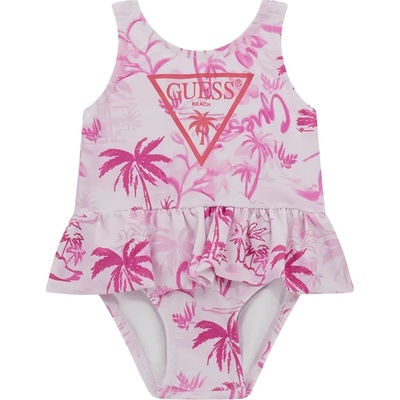 GUESS Цял бански с цветя и палми в розово за бебе момиче с воали и голямо лого Guess