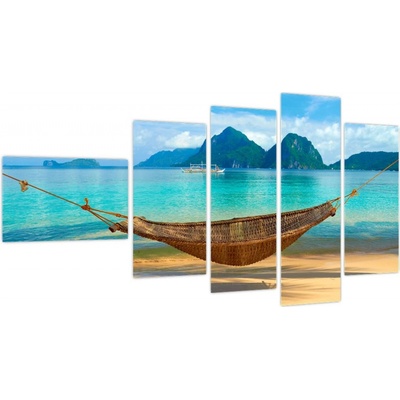 Obraz houpací sítě na pláži 3, pětidílný 110x60 cm – Zbozi.Blesk.cz