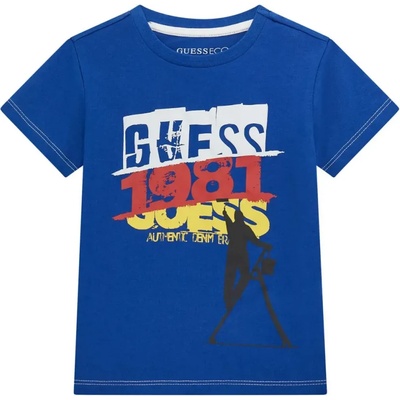 GUESS Синя тениска с къс ръкав за мини момче с интересни цветни надписи и графика Guess