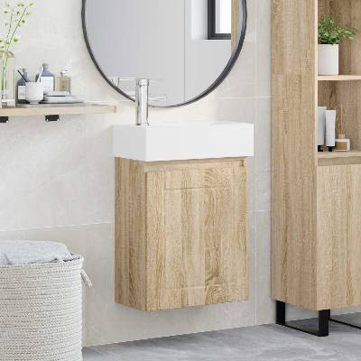 vidaXL Мивка за баня със смесител Дъб сонома 45, 5 x 25, 5 x 84 см (889483)