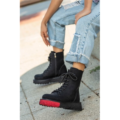 Moda Trend Дамски боти с връзки и цип - Черни #362959 (362959_Черно)