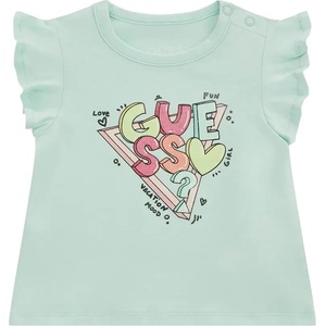 GUESS Бледо зелета тениска с къдрички за бебе момиче с цветни букви Guess