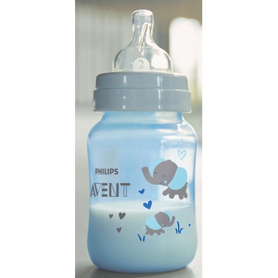 Philips Avent fľaša PP Antikolik Modrá sloník antikolikový mäkký cumlík pomalý prietok 2 otvory 1x1 ks 260 ml