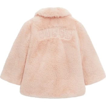 GUESS Плюшено едноцветно палто в розов цвят за мини момиче с надпис Guess на гърба