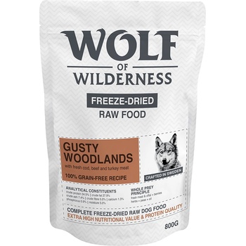 Wolf of Wilderness 800г Gusty Woodlands Wolf of Wilderness, суха храна за кучета с говеждо, треска и пуешко